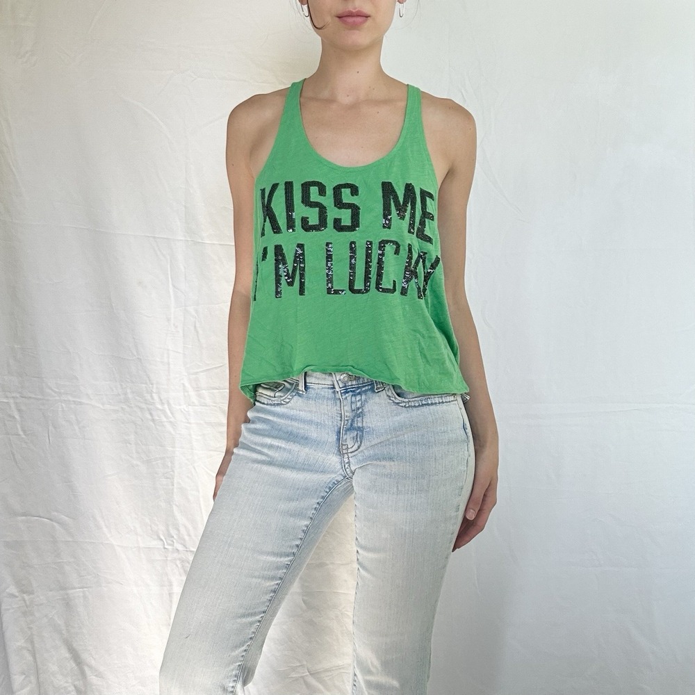 Victoria's Secret PINK Kiss Me I'm Lucky Green Sequin Graphic Tank Top Small